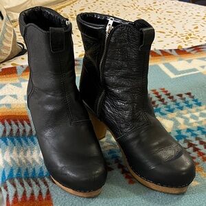 Black Leather Zip Clog Booties